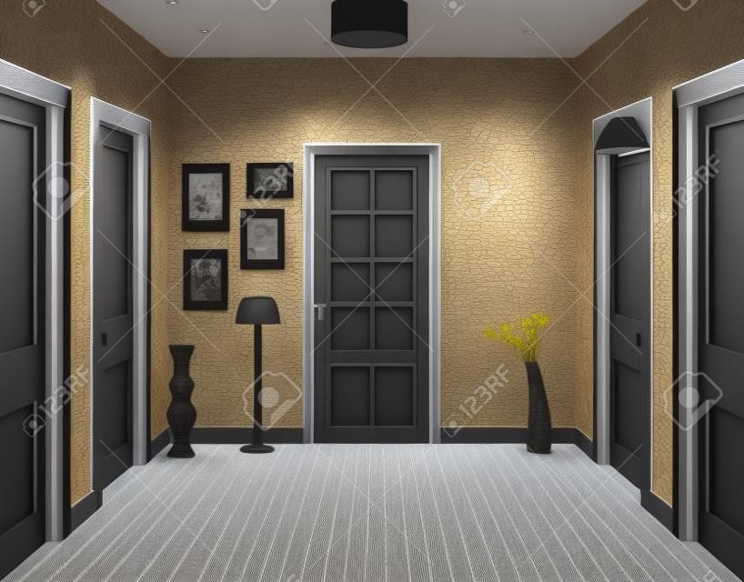 Long corridor with rows of closed doors. Concept of infinite opportunities for success and toughness of choice. 3d rendering. Hallway illustration