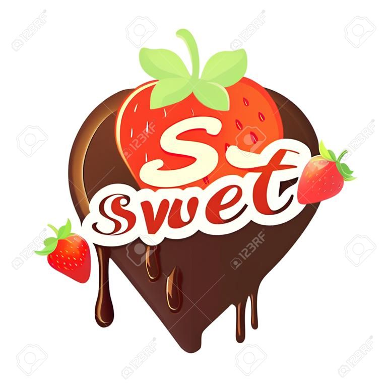 초콜릿에 달콤한 딸기입니다. 벡터 일러스트 레이 션. 딸기와 심장의 형태로 초콜릿