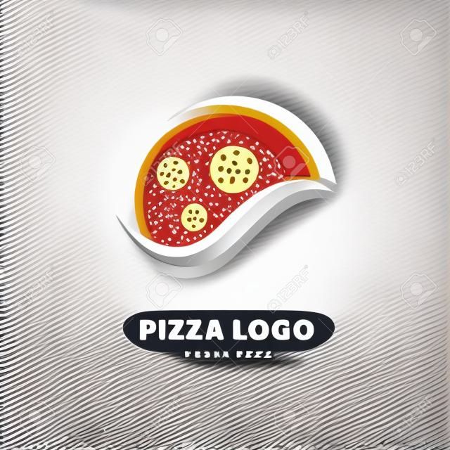 Disegno dell'illustrazione del simbolo della pizza logotipo. Fetta di pizza di vettore con formaggio, salame, funghi, pomodoro e peperoni.