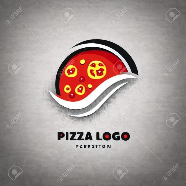 Disegno dell'illustrazione del simbolo della pizza logotipo. Fetta di pizza di vettore con formaggio, salame, funghi, pomodoro e peperoni.