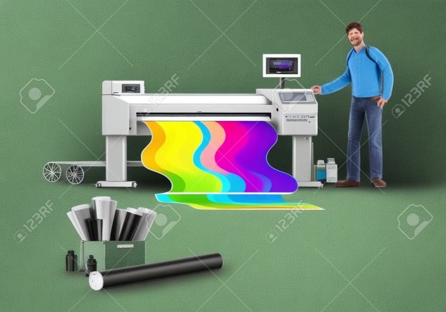 Man printen bij plotter breed formaat banner met colofonful inkt. Printshop en polygrafie kantoor