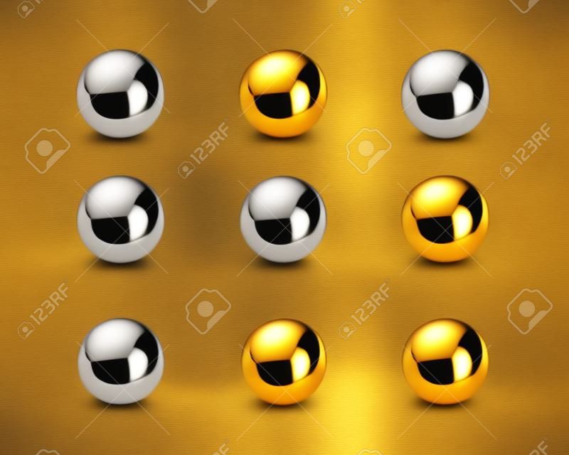 Ensemble de boules métalliques : sphères 3d dorées, chromées, argentées, bronze et blanches isolées