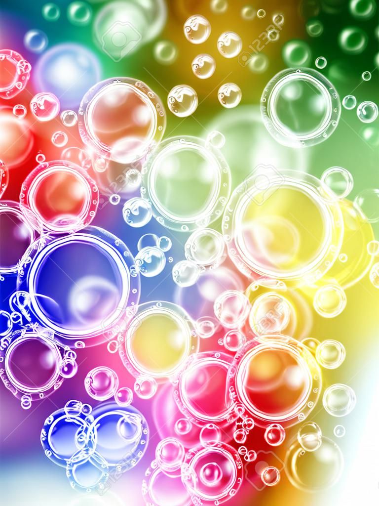 white transparent bubbles on rainbow background
