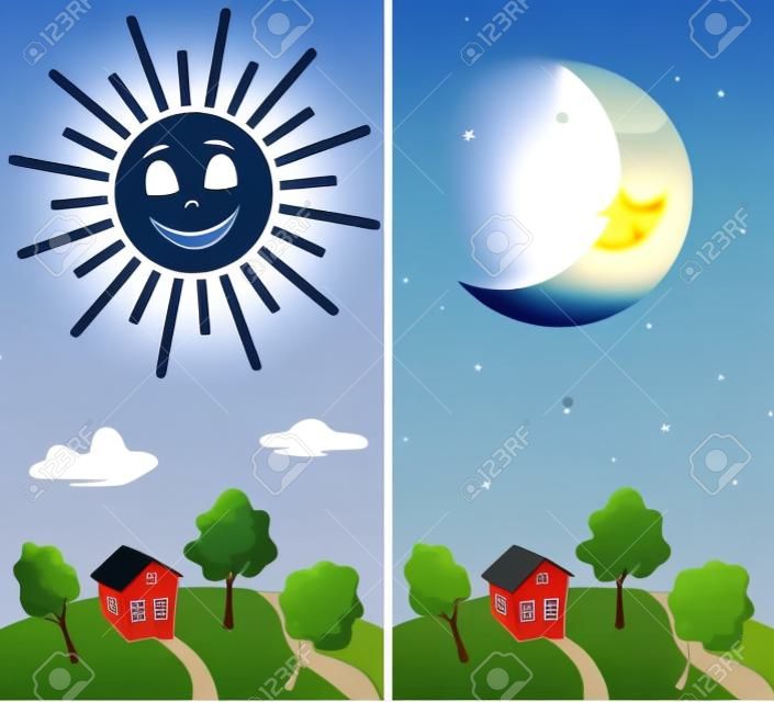 Countryside view in the daytime and nighttime with the sun and the moon in cartoon style