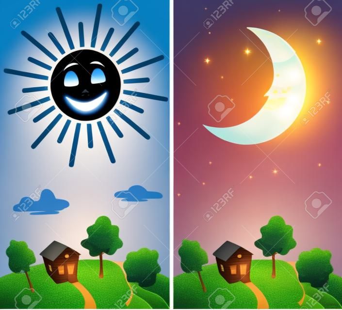 Countryside view in the daytime and nighttime with the sun and the moon in cartoon style