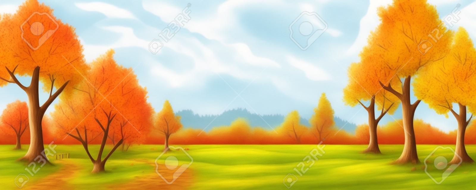 Ilustração dos desenhos animados da paisagem rural do outono