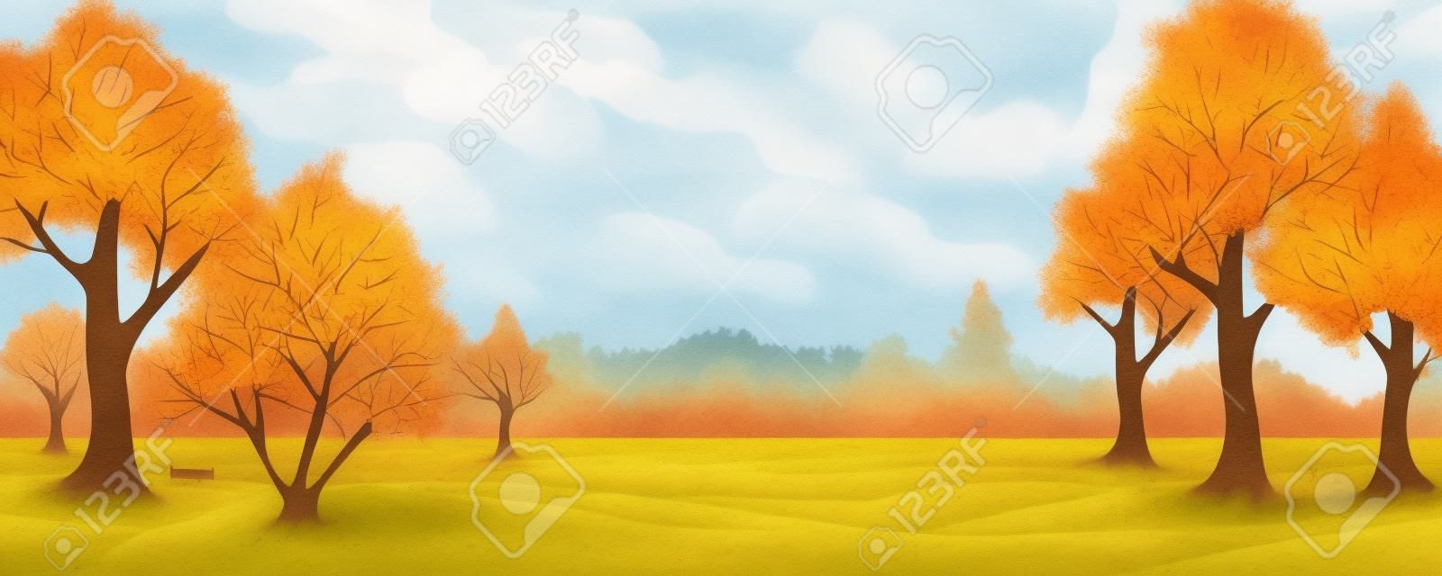 Cartoon illustration of the autumn rural landscape