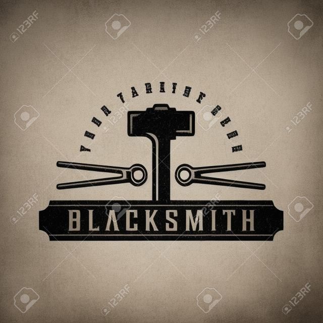 blacksmith hammer tongs logo vintage vector illustration template icon design. welding and forge service symbol for industrial company with retro typography style concept