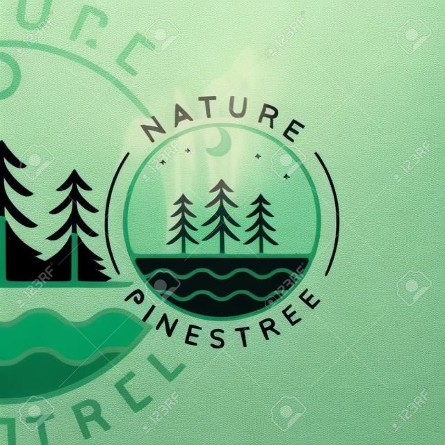 pines tree line art simple minimalist template icon graphic design. pine symbol of nature with badge and typography