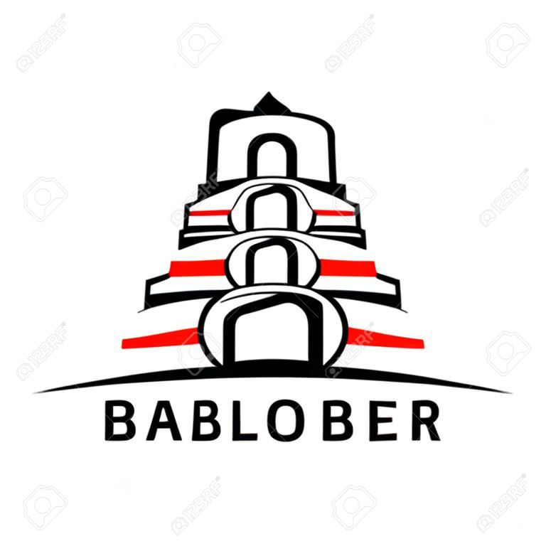Turm von Babel Logo. Vektor-Illustration auf weißem Hintergrund. Schriftzug.