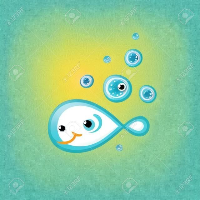 Cute fish and water bubbles. Stylized cartoon pattern for children's goods. Minimalism outline style