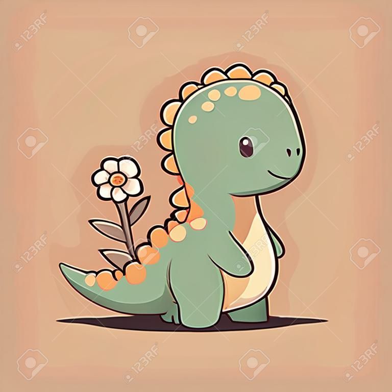 Cute dinosaur with flowers. Vector illustration in flat cartoon style.