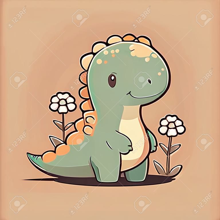 Cute dinosaur with flowers. Vector illustration in flat cartoon style.