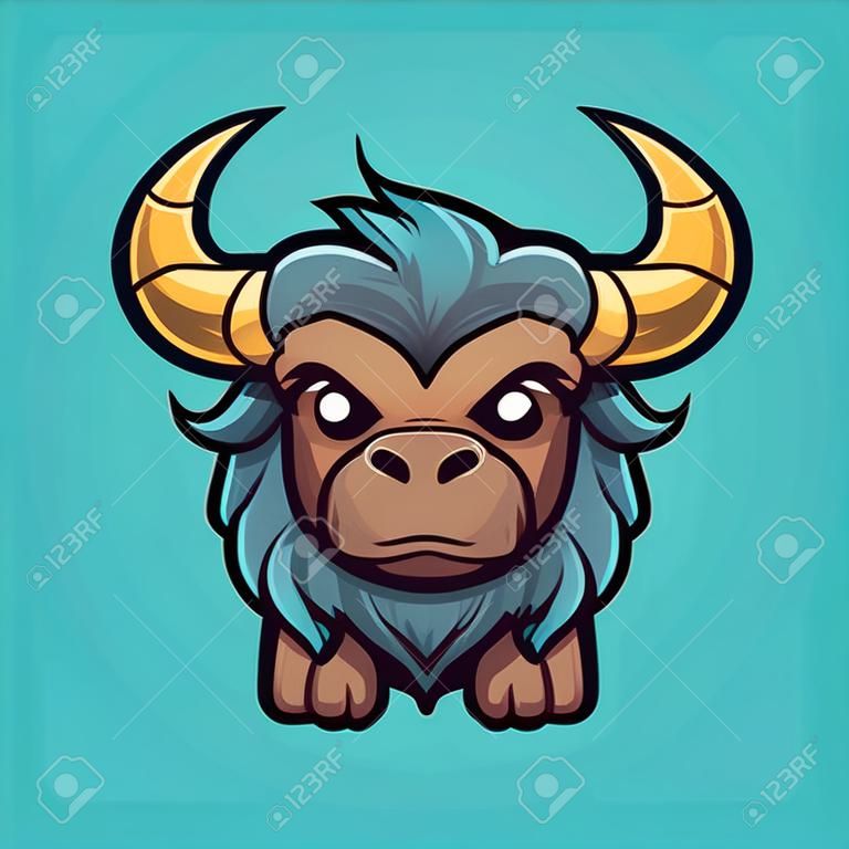 Vector illustration of Cartoon angry yak head. Isolated on blue background.