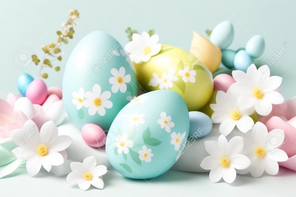 This sleek and modern Easter background is all about simplicity and sophistication. Against a clean white background, a minimal arrangement of fresh blooms in pastel hues provides just the right touch of seasonal charm.