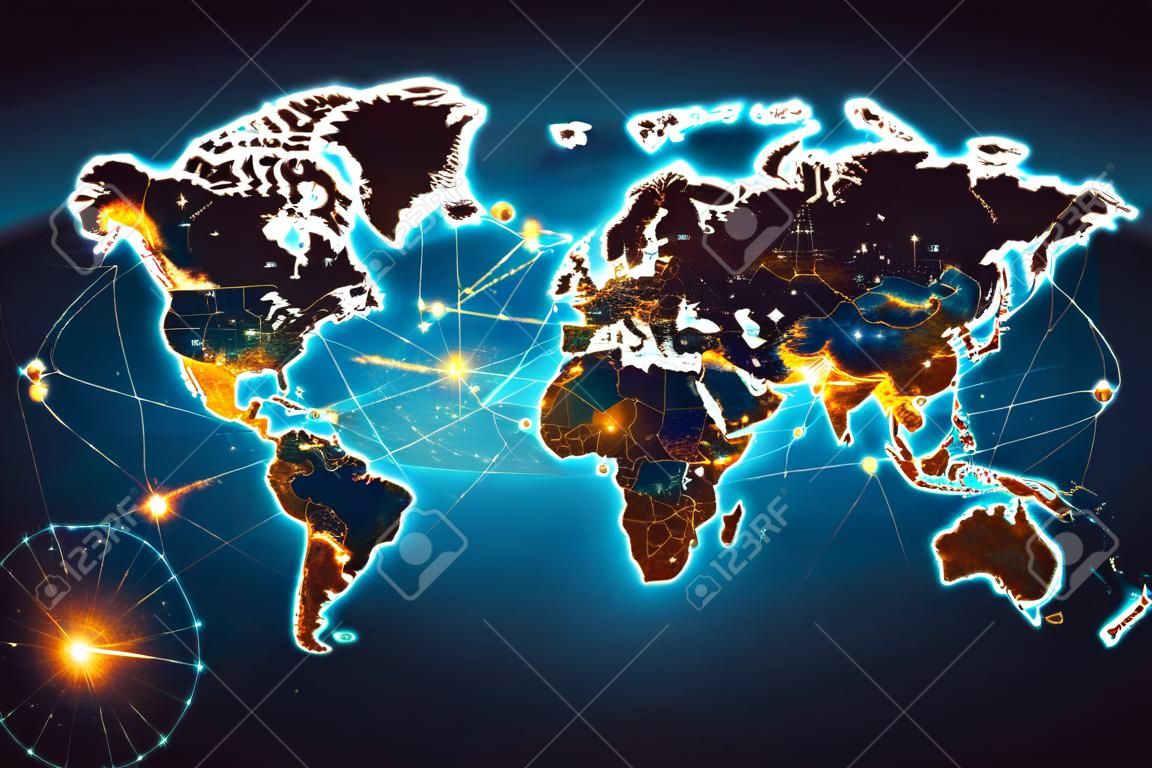 Eine futuristische Weltkarte, die die Verbundenheit der Menschen und ihre Bemühungen um den Aufbau einer besseren Zukunft betont. Die Karte enthält eine Reihe von Symbolen und Markierungen, die verschiedene Regionen und Länder anzeigen, die durch Linien verbunden sind, die globale Netzwerke und Kooperationen darstellen.