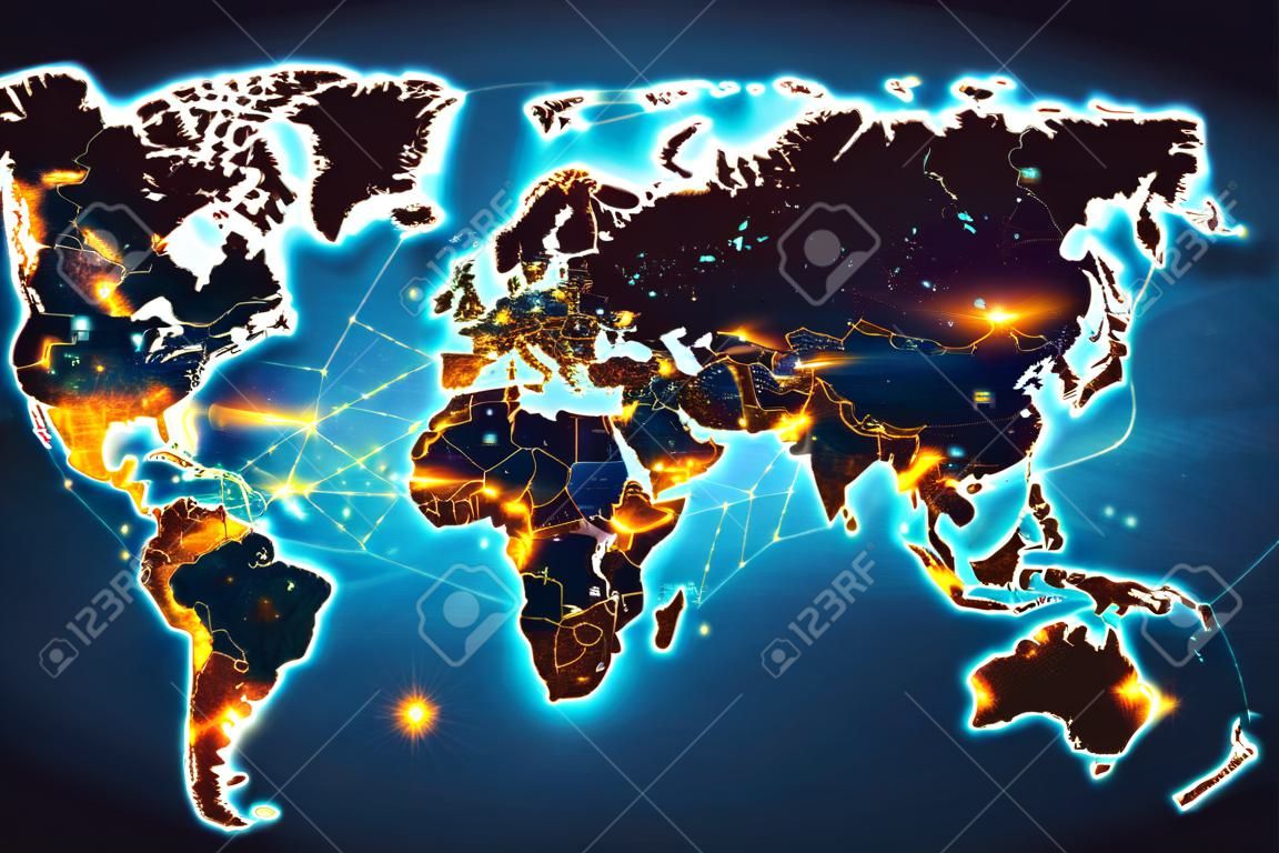 Eine futuristische Weltkarte, die die Verbundenheit der Menschen und ihre Bemühungen um den Aufbau einer besseren Zukunft betont. Die Karte enthält eine Reihe von Symbolen und Markierungen, die verschiedene Regionen und Länder anzeigen, die durch Linien verbunden sind, die globale Netzwerke und Kooperationen darstellen.