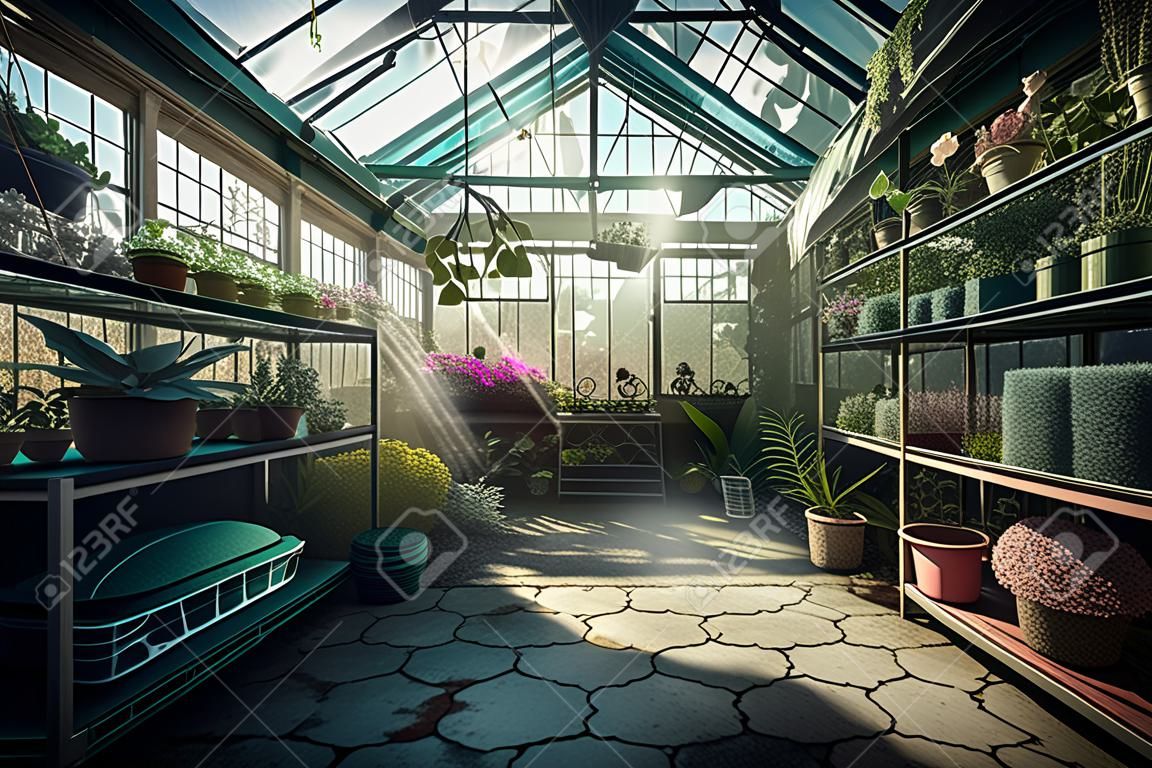 a glass greenhouse in stunning detail, allowing viewers to explore every aspect of this fascinating structure. The use of glass in the construction of the greenhouse allows natural light to flood the interior, highlighting the many plants and flowers growing inside. The level of detail in the image is impressive, with every leaf, stem, and flower petal rendered in intricate detail.